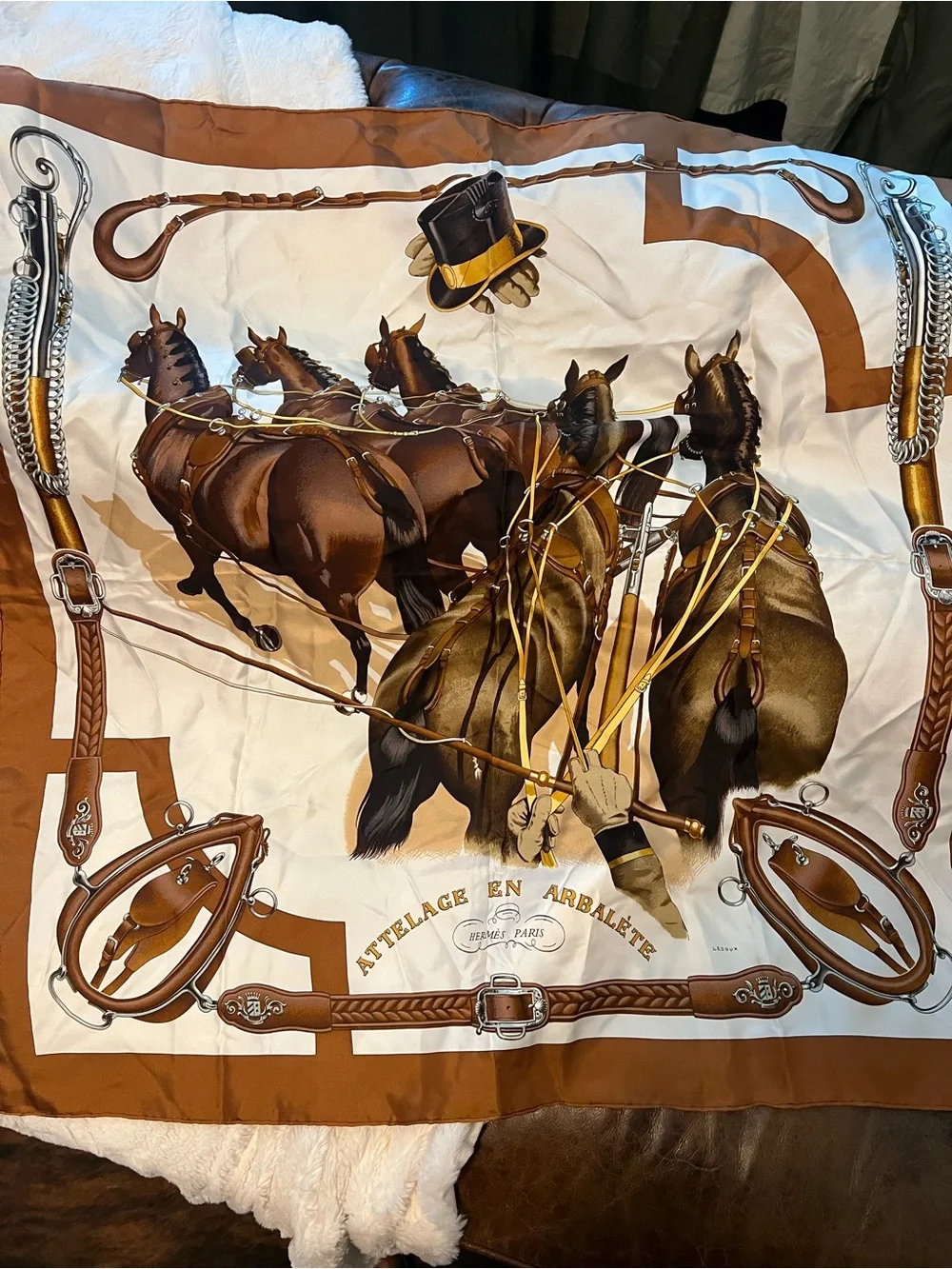 Hermes Brown and Cream Horse-Drawn Carriage Silk Scarf